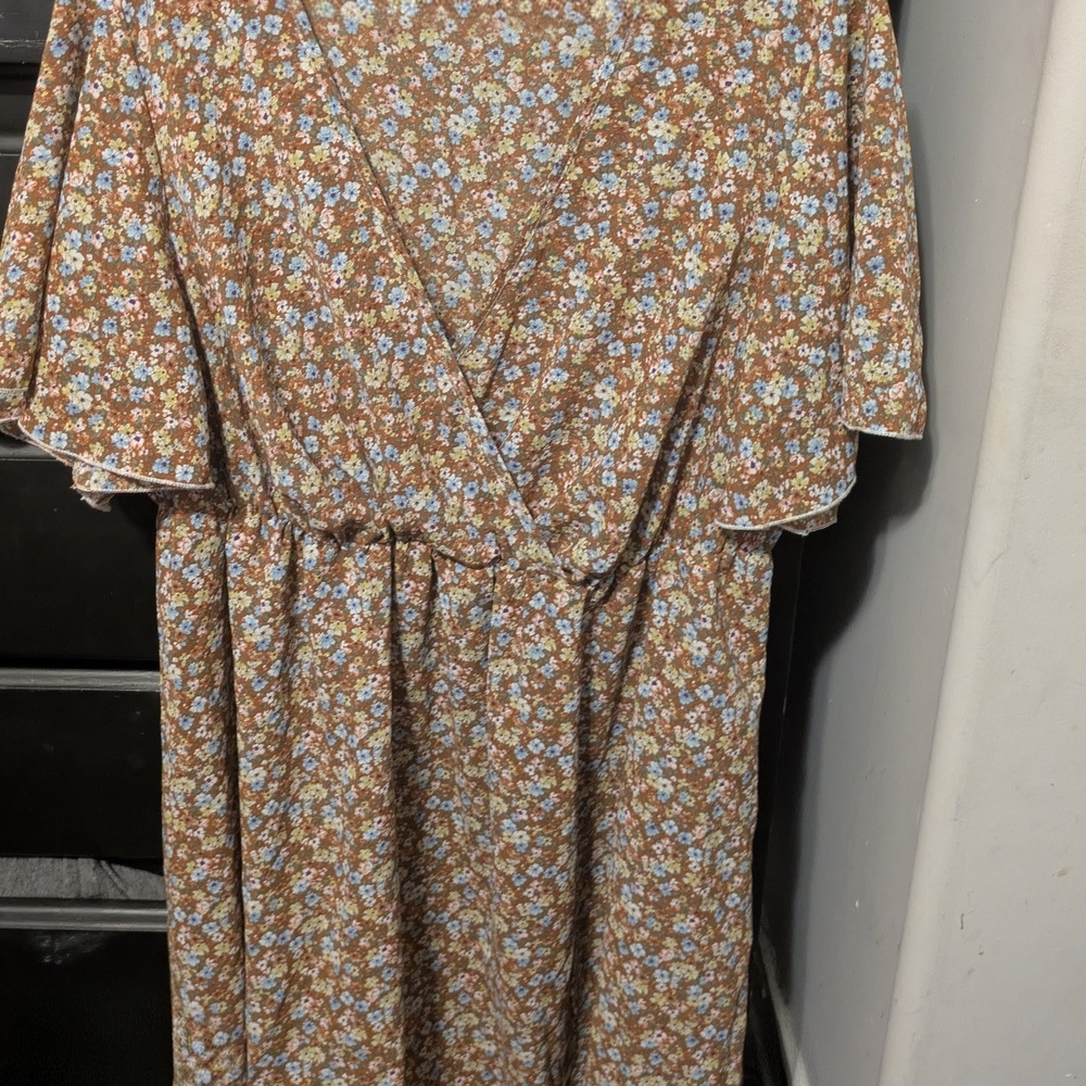 Brown Floral Wrap-Style Midi Dress with Waist Tie